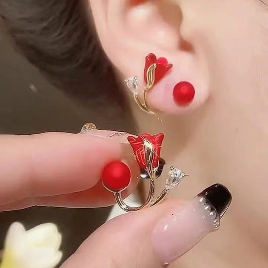 Red Flower Imitation Pearl Elegant Earrings