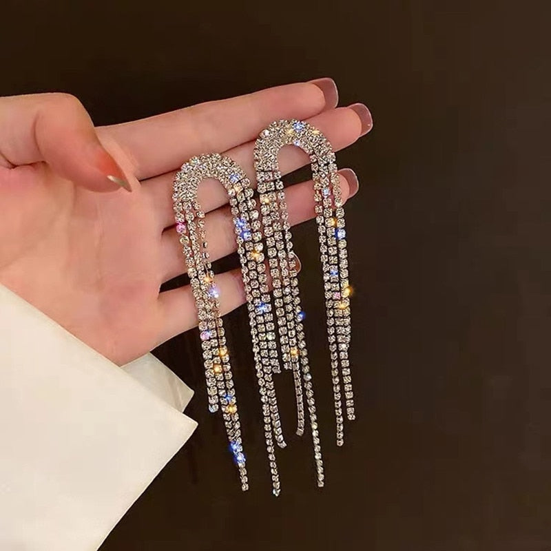 Rhinestone Crystal Long Tassel Earrings