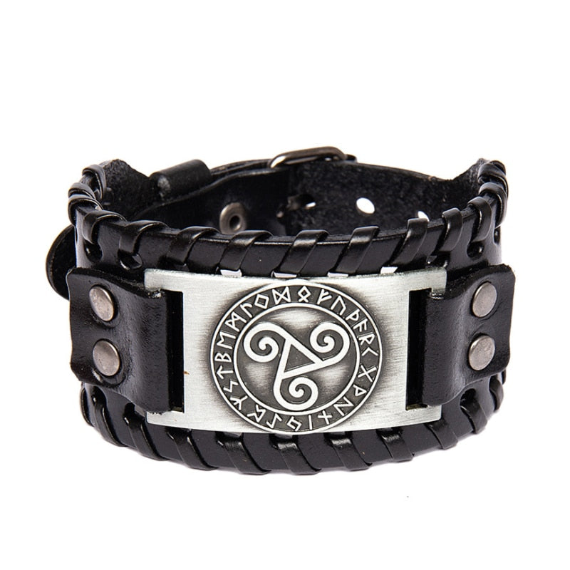 Metal with Leather Triangle Viking Rune Men's Bracelet