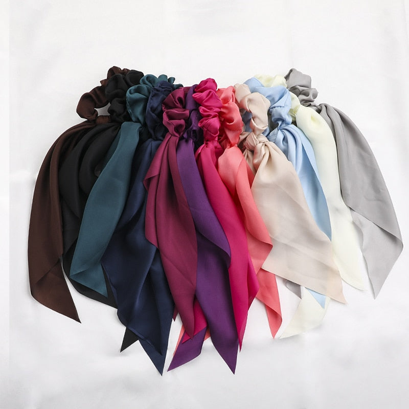 Solid Color Bow Satin Long Ribbon Ponytail Scar