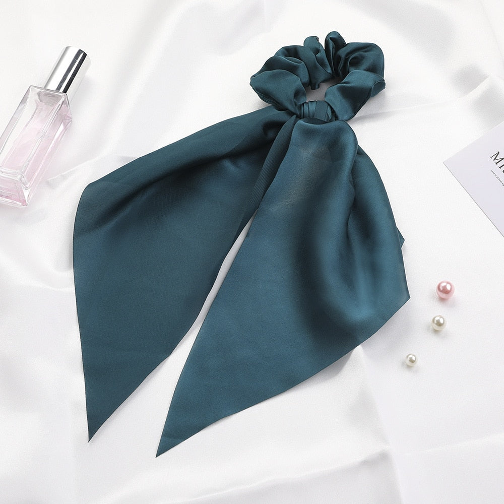 Solid Color Bow Satin Long Ribbon Ponytail Scar