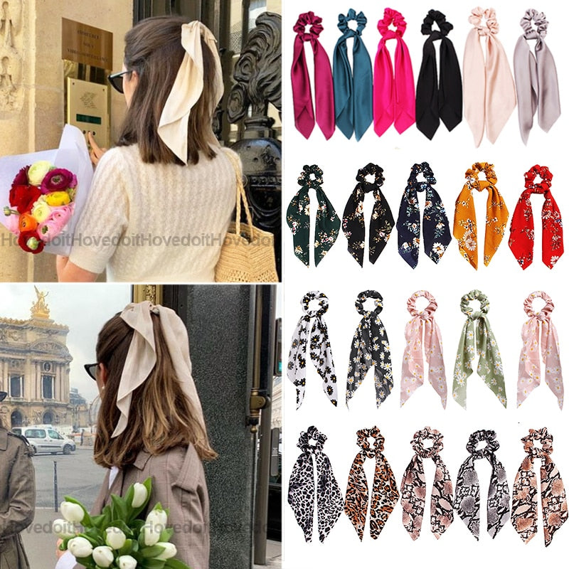 Solid Color Bow Satin Long Ribbon Ponytail Scar