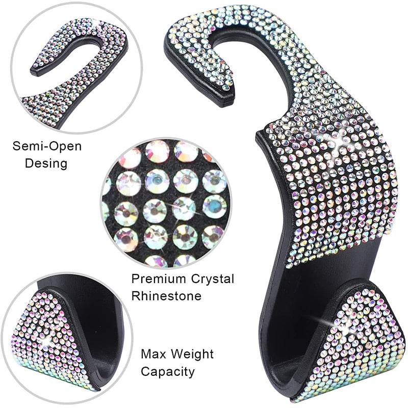 Rhinestone Car Seat Back Hook, Bling Diamond Hanger, Headrest Mount Storage Holder