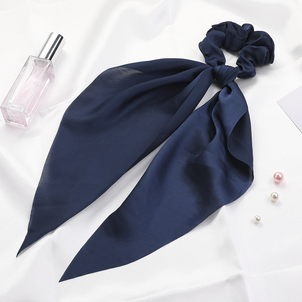 Solid Color Bow Satin Long Ribbon Ponytail Scar